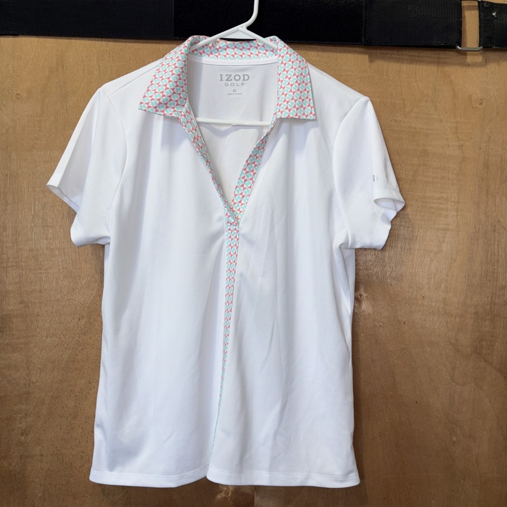 Womens IZOD Golf Size XL Polo Cap Sleeves White / Pink Green Trim